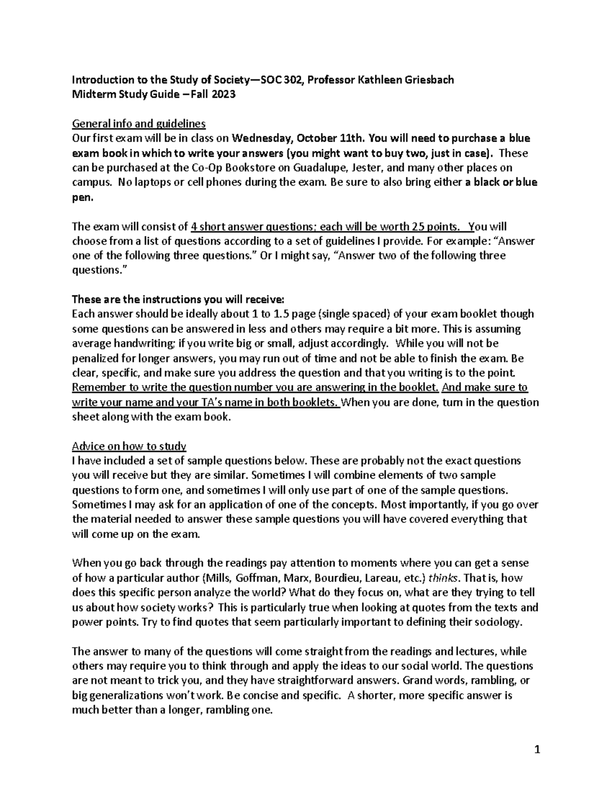 Midterm Exam Review Guide for SOC 302 with Griesbach - Fall 2023 - Studocu