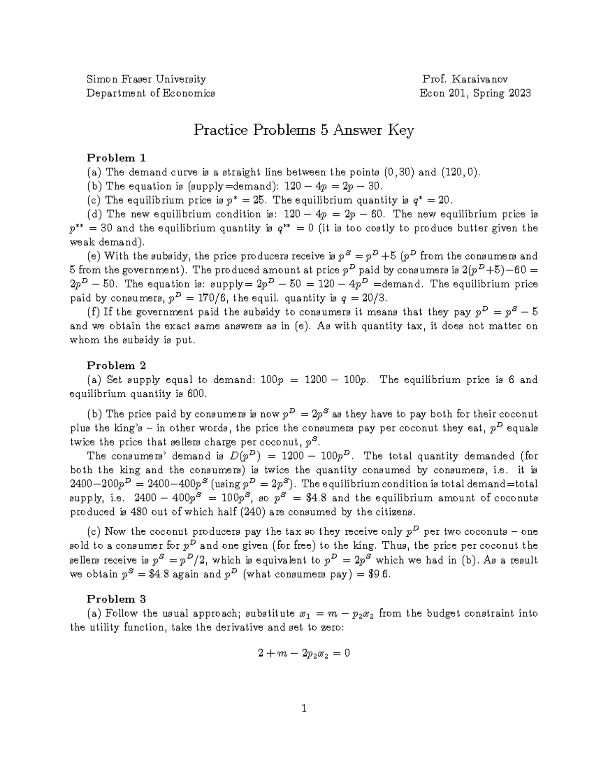 Econ 201 Spring 2023 Practice Problems 5 Answer Key - Studocu