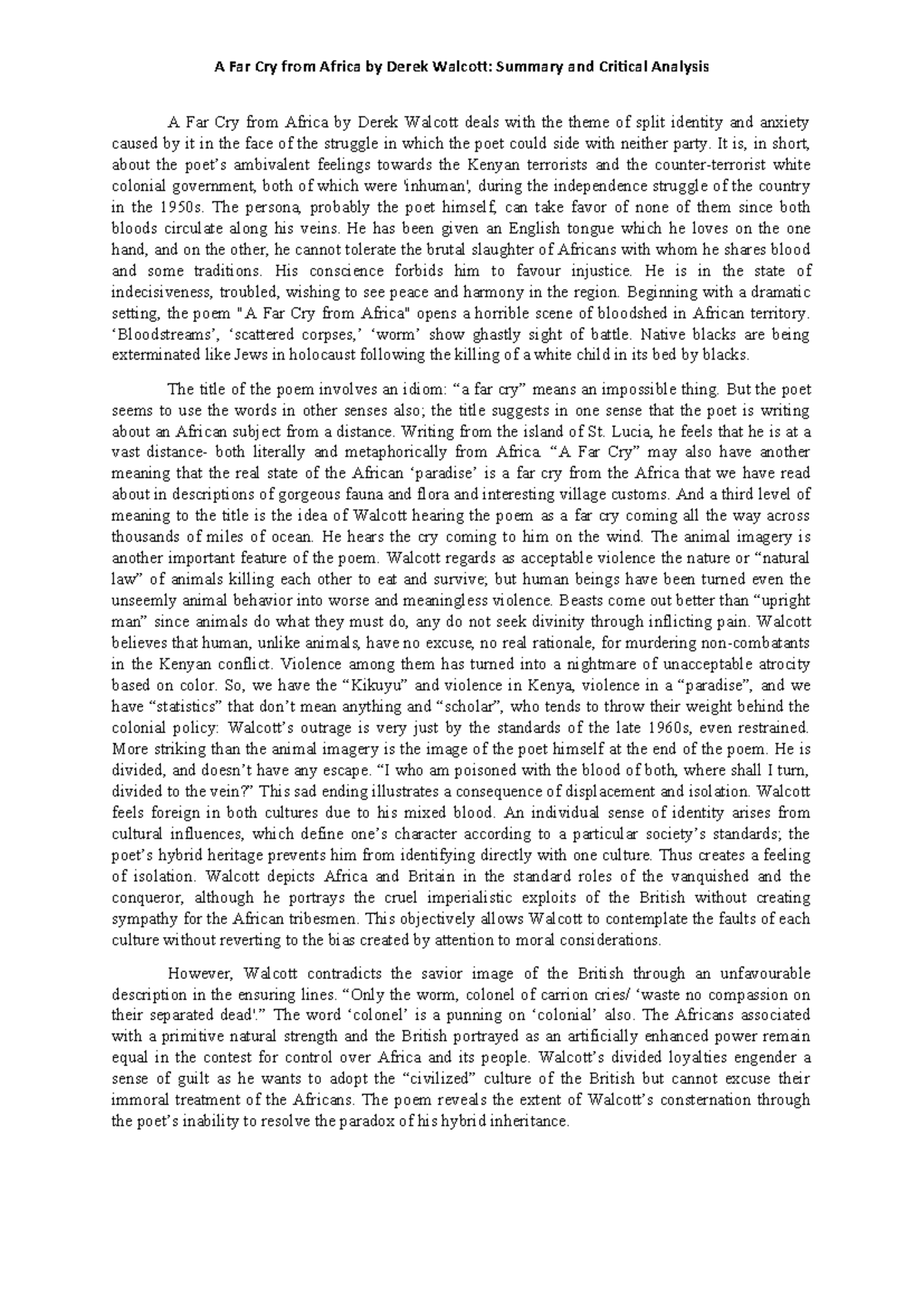488461997-English Notes - A Far Cry from Africa by Derek Walcott ...
