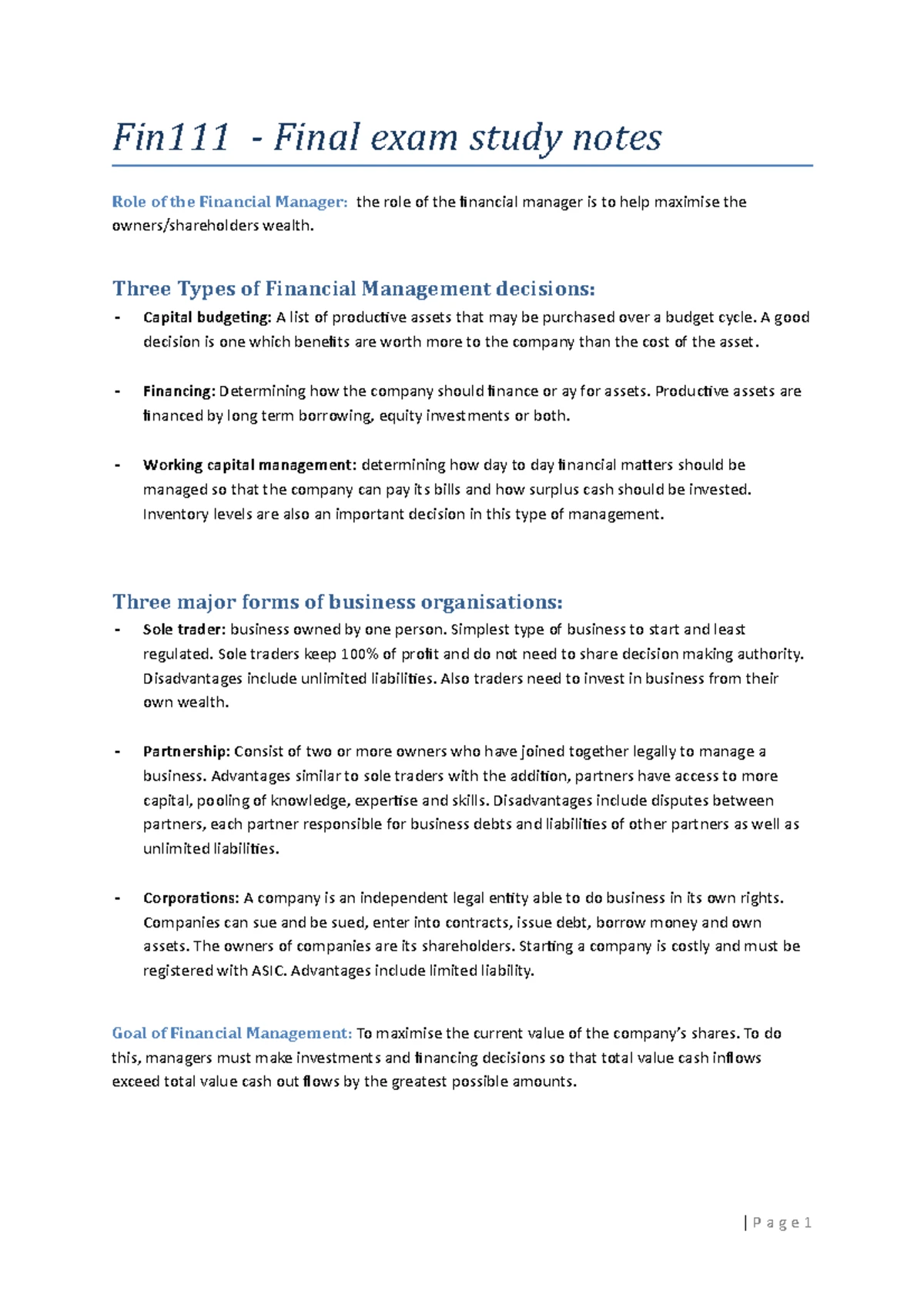 FIN111-Final Exam Formula Sheet for Autumn 2024 - Studocu