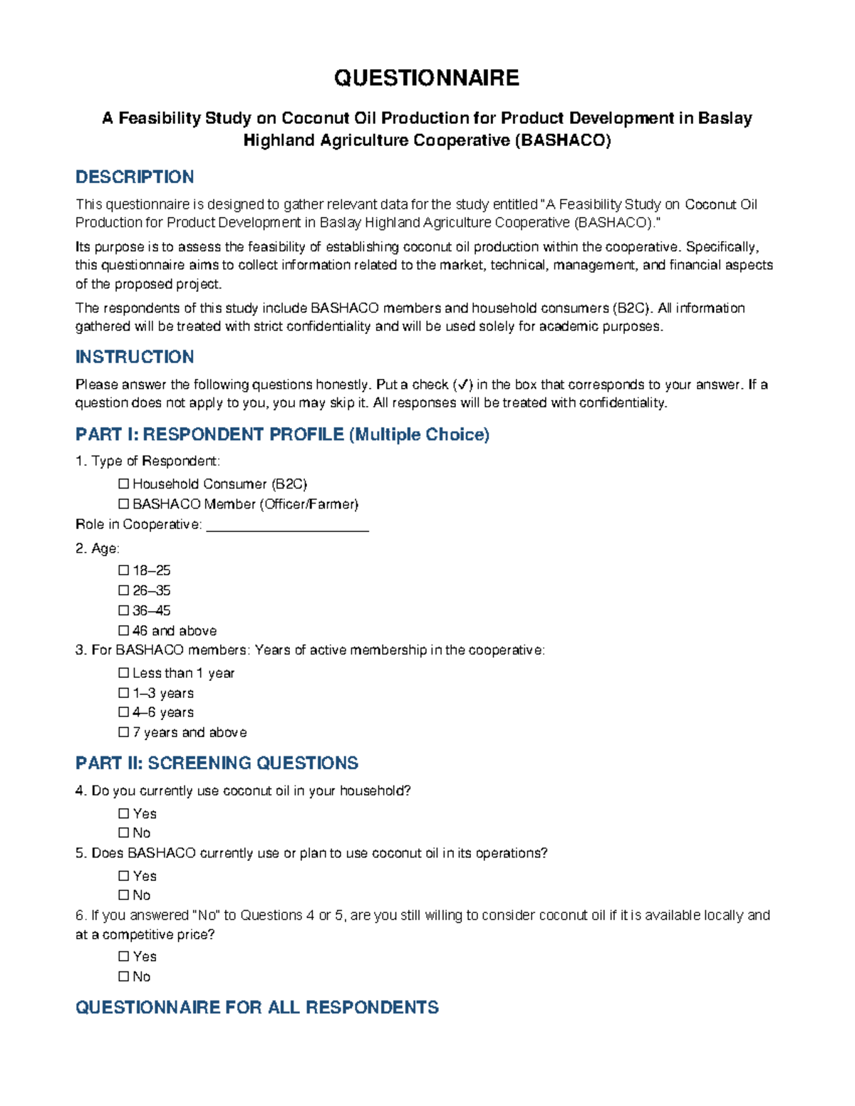 Revised Questionnaire for B2C Feasibility Study on Coconut Oil ...