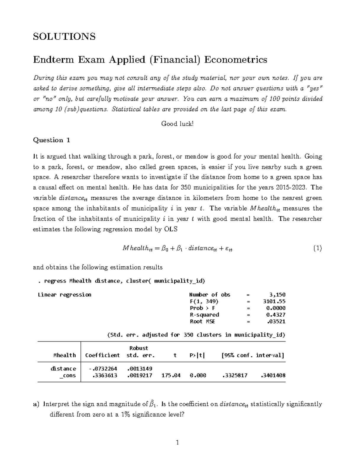 Solutions for Endterm Exam Applied Econometrics 2024 - Studeersnel