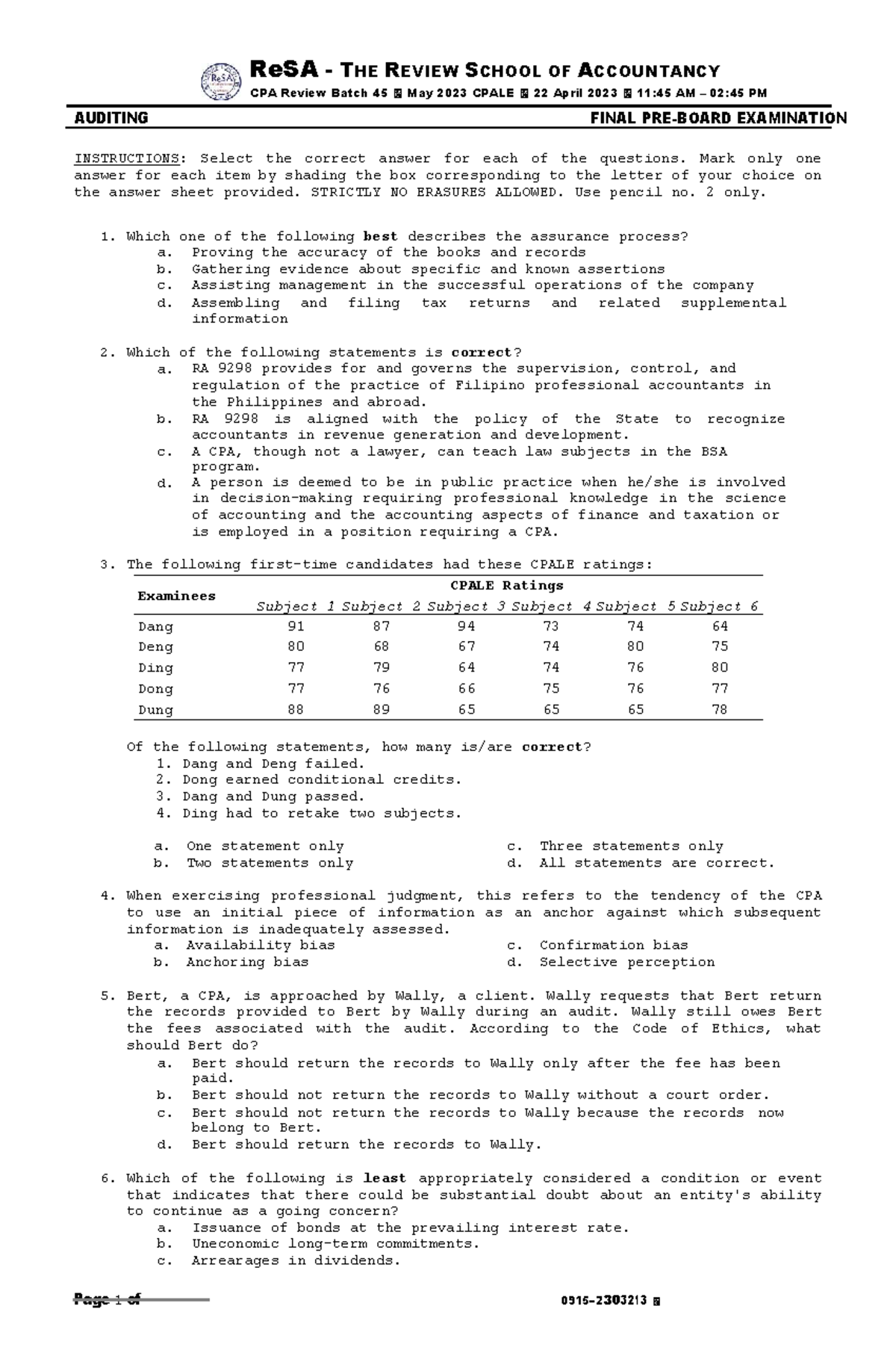 AUDITING FINAL EXAMINATION NOTES - ReSA Batch 45 CPALE April 2023 - Studocu