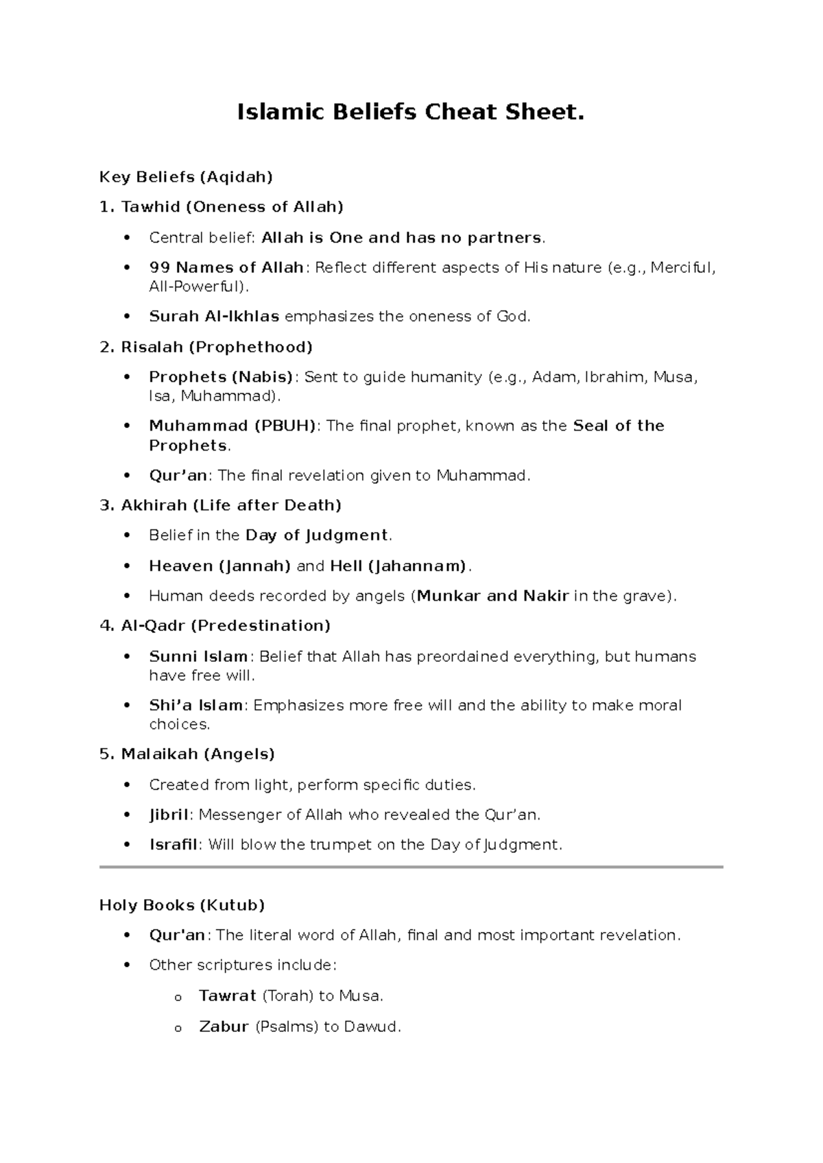 Islamic Beliefs Overview Cheat Sheet: Key Concepts and Teachings - Studocu