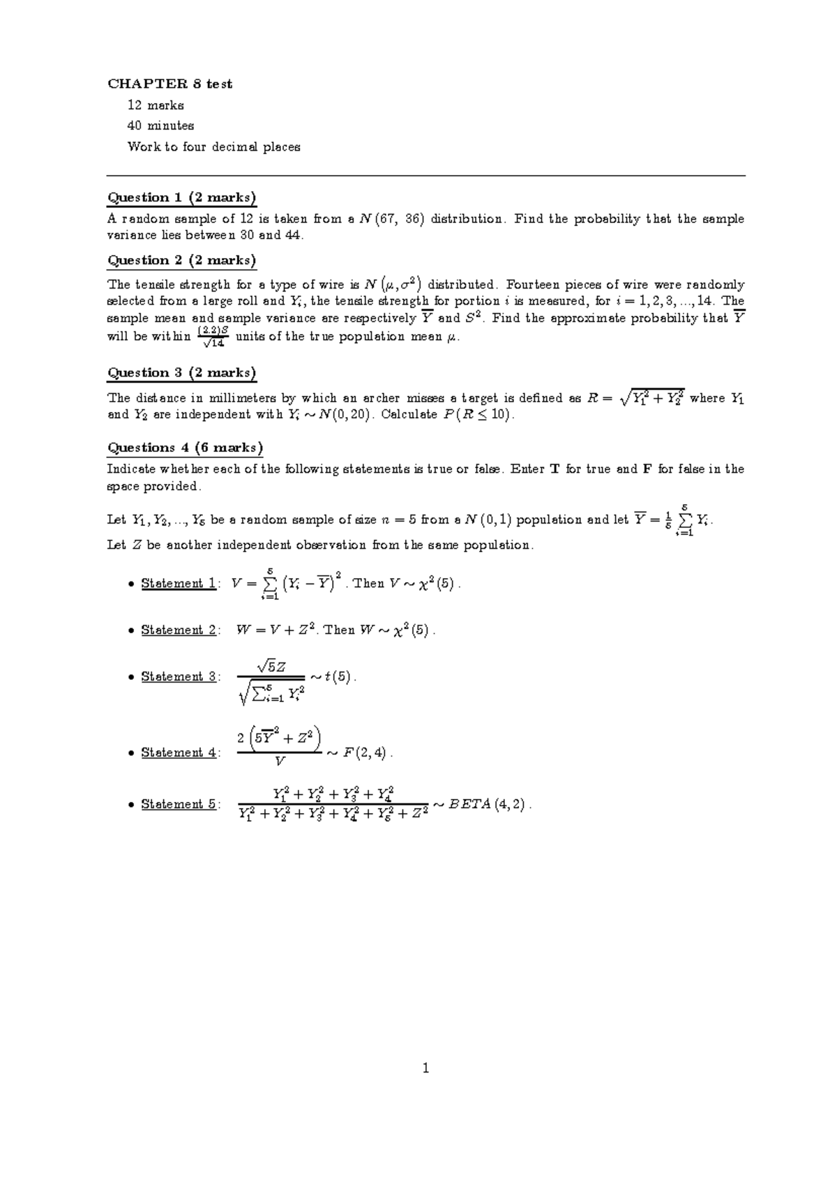Chapter 8 Test: Probability & Variance Questions (12 Marks) - Studocu