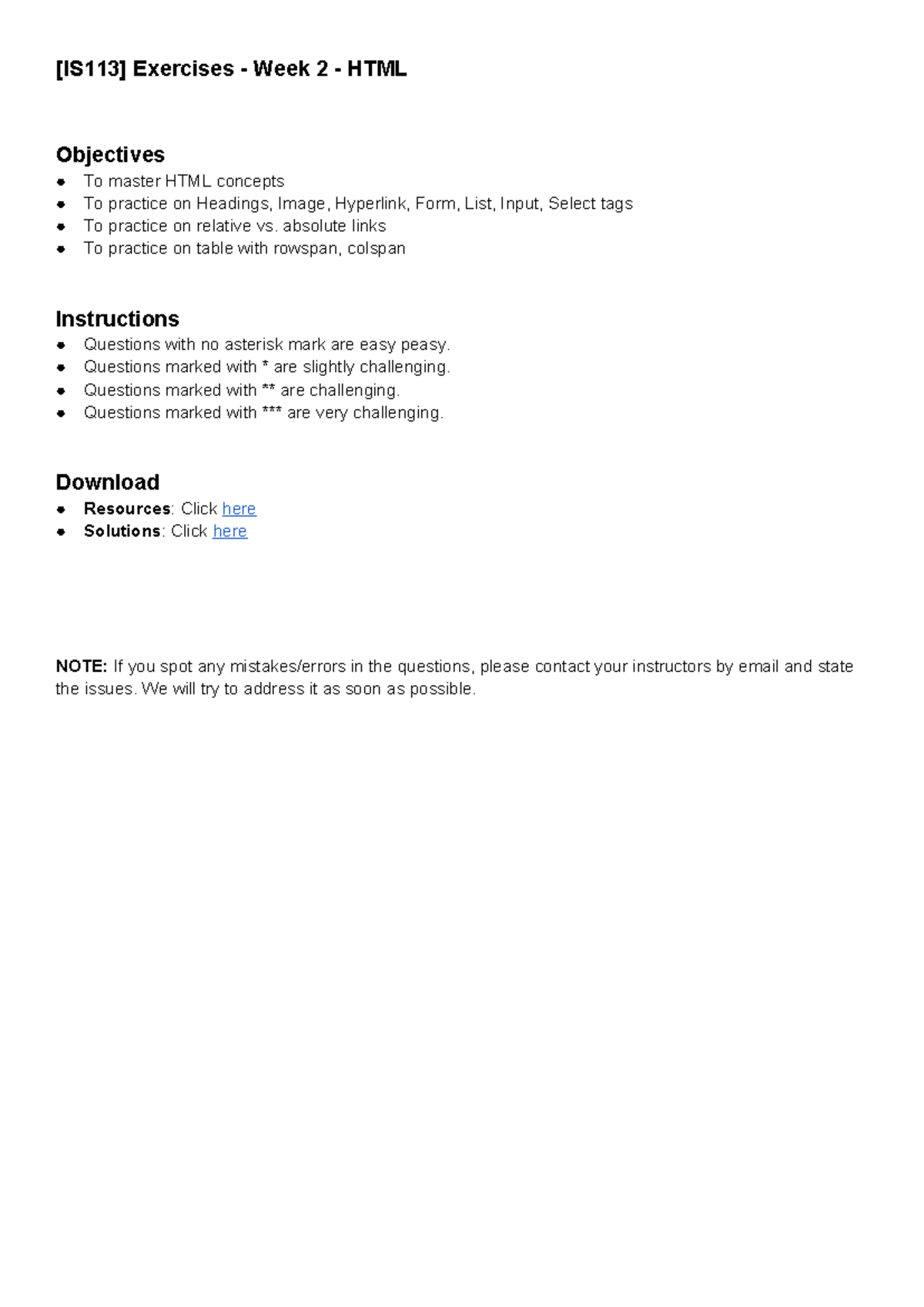 [IS113] Week 2 HTML Exercises: Headings, Images, Links & Tables - Studocu