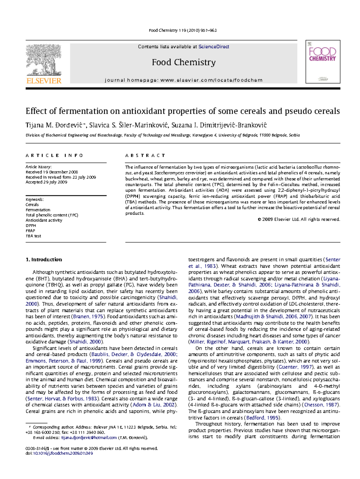 Effect of Fermentation on Antioxidant Properties of Cereals (Food Chem ...