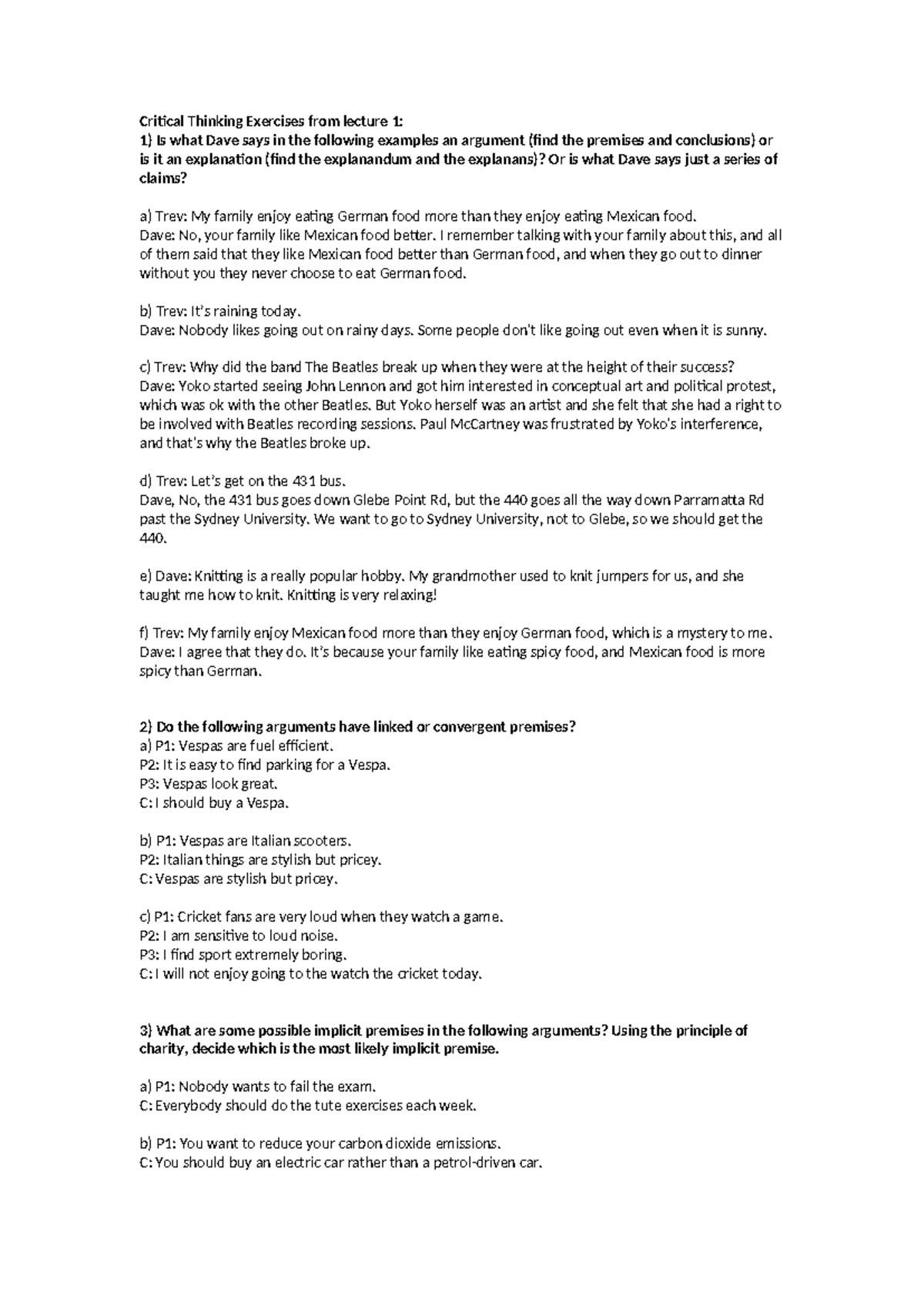 CT 2020 Lecture 1: Critical Thinking Exercises and Analysis - Studocu