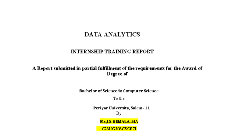 DATA ANALYTICS INTERNSHIP TRAINING REPORT - C23UG208CSC071 - Studocu