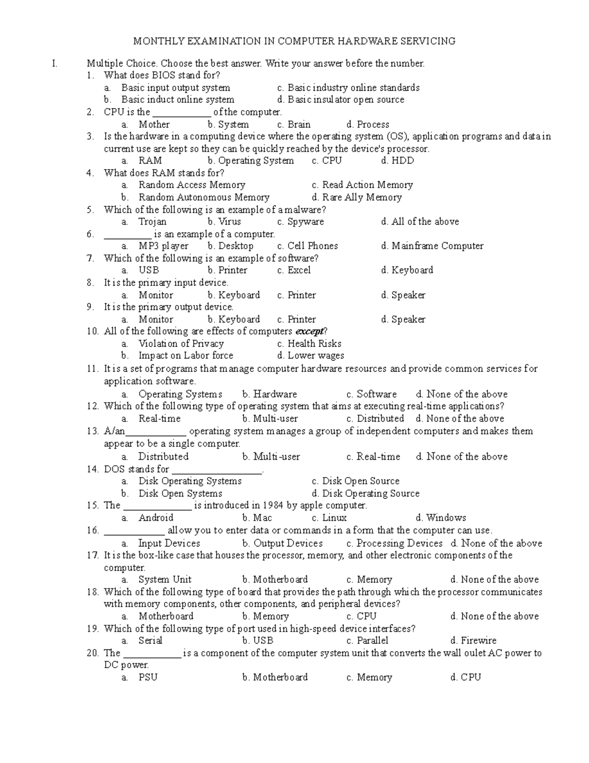 Monthly Exam in Computer Hardware Servicing 11: Multiple Choice & True ...