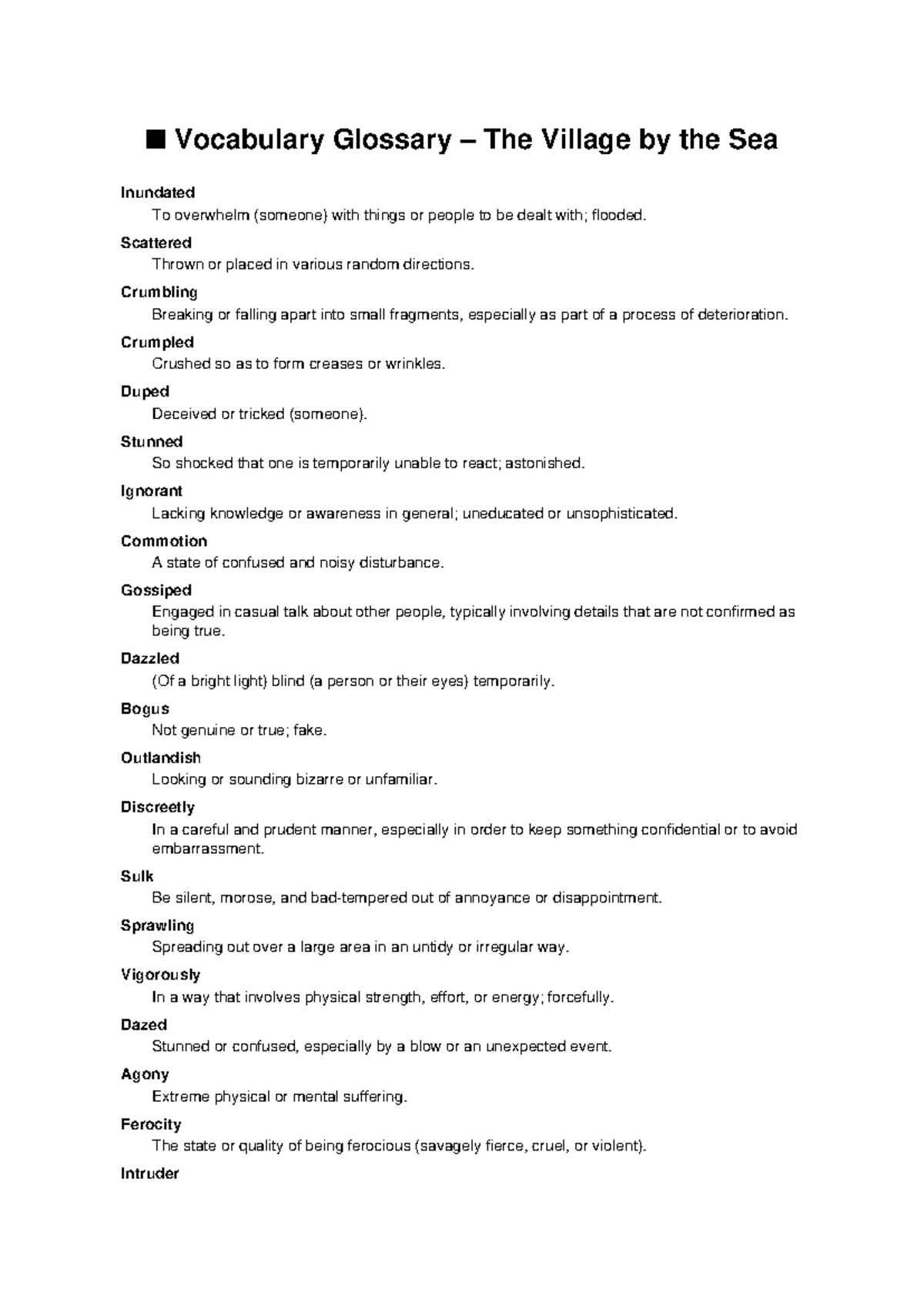 Vocabulary Glossary for 