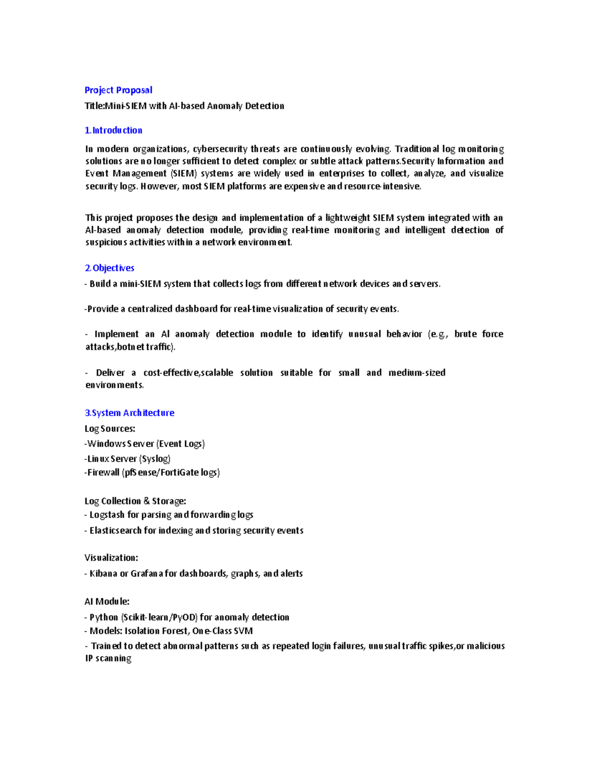 Mini SIEM Project Proposal: Anomaly Detection System Design - Studocu