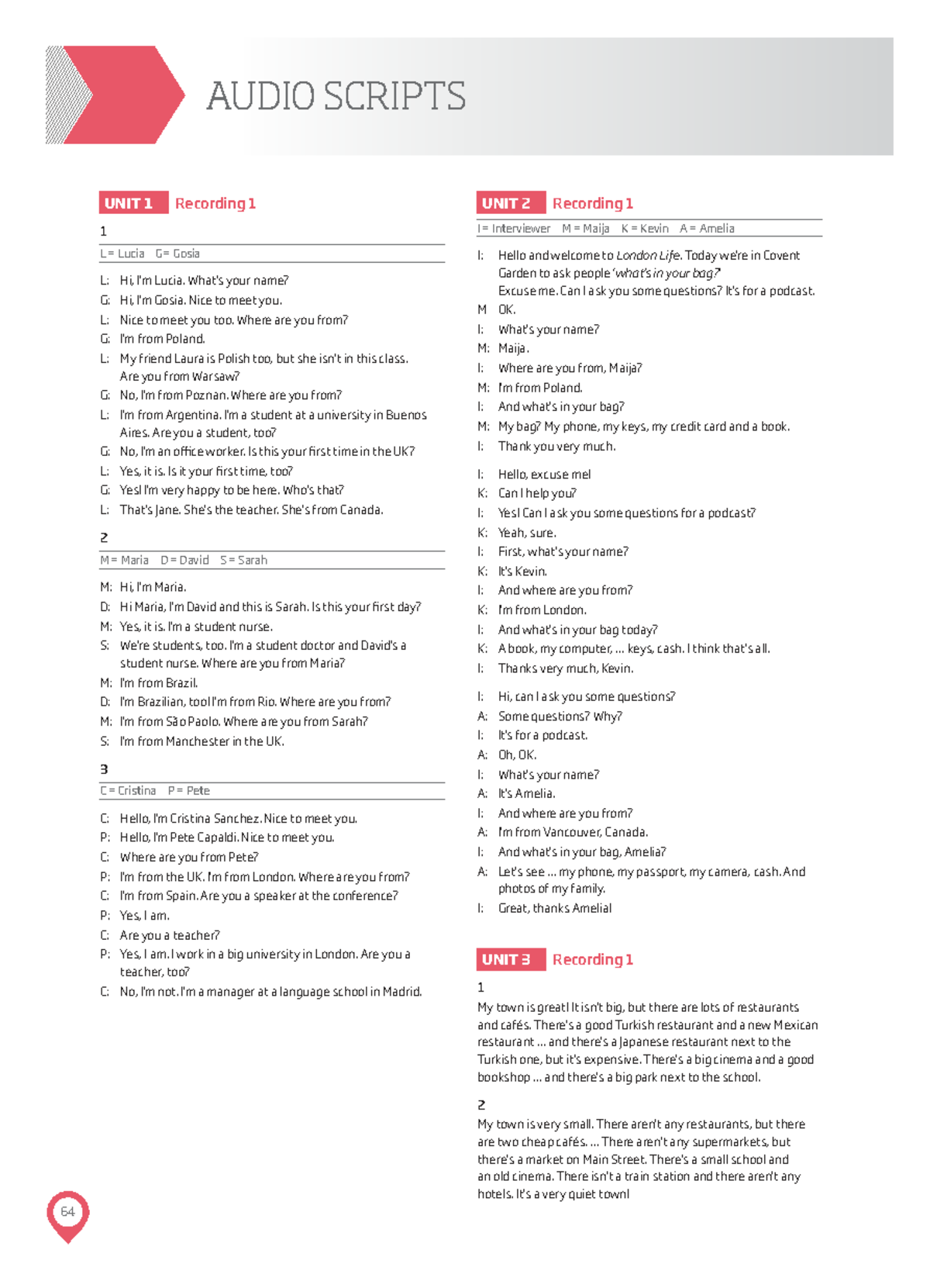 Roadmap A1 Workbook Audioscript - AUDIO SCRIPTS UNIT 1 Recording 1 1 L ...