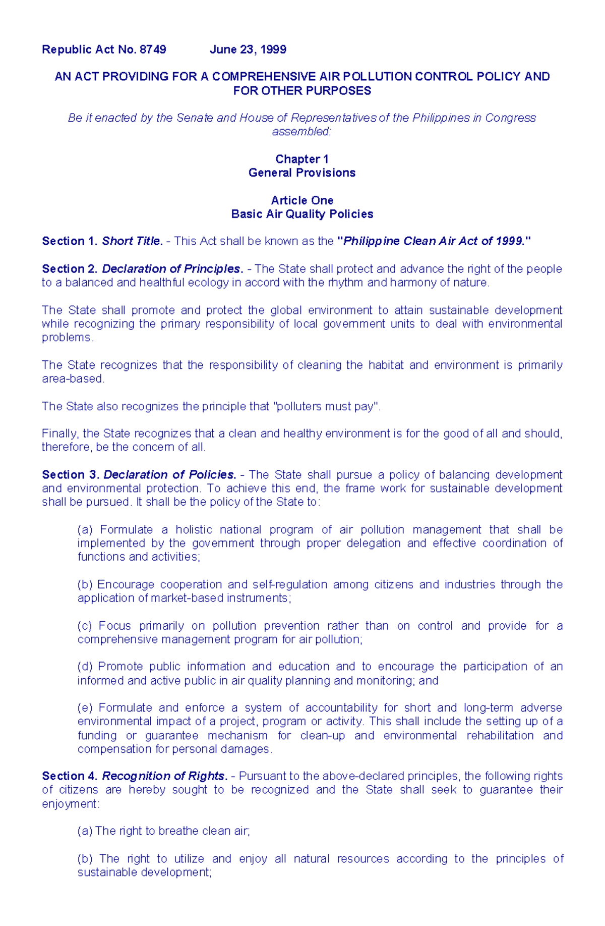 Philippine Clean Air Act of 1999 (RA No. 8749) Overview - Studocu