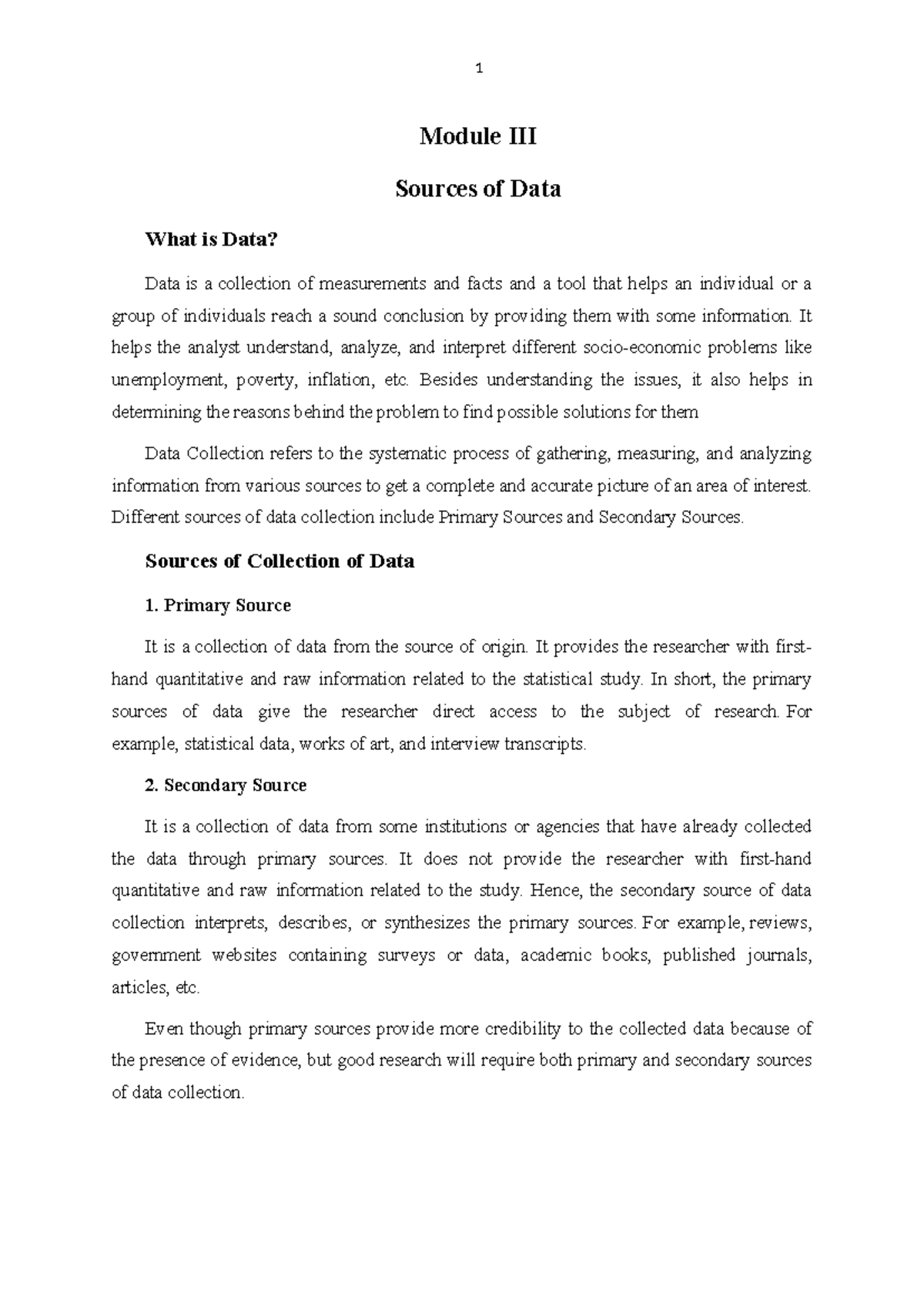 Module III - Data Collection Methods and Sources of Data - Studocu