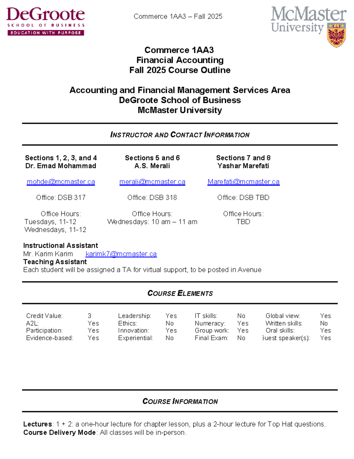 Commerce 1AA3 Fall 2025 Financial Accounting Course Outline - Studocu