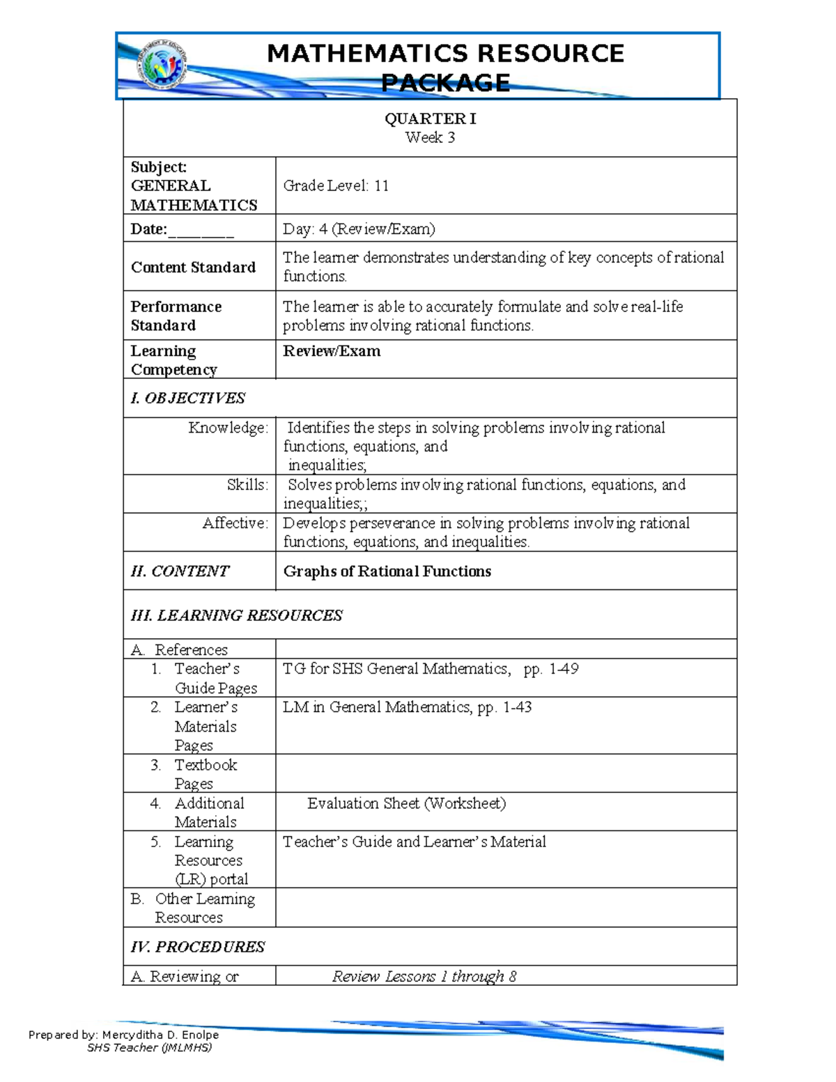 MATHEMATICS RESOURCE PACKAGE GRADE 11: Week 3 Day 4 Review Exam on ...