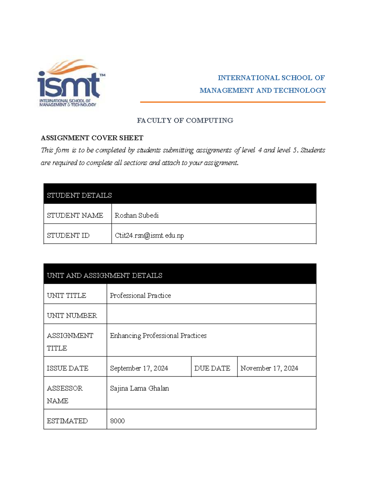 Professional Practice Assignment Cover Sheet - Level 4 & 5 - Studocu