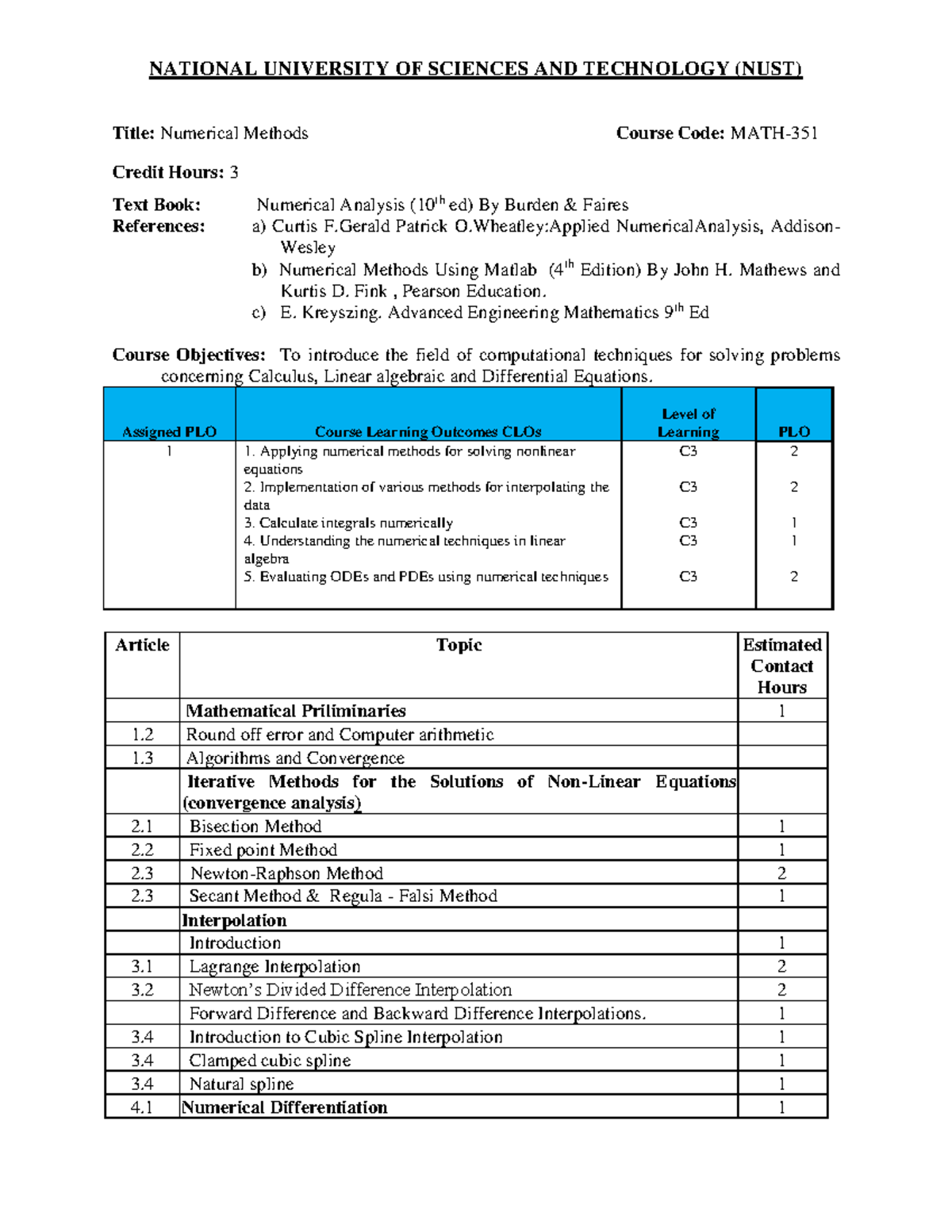 MATH-351 Numerical Methods Course Outline and Learning Objectives - Studocu