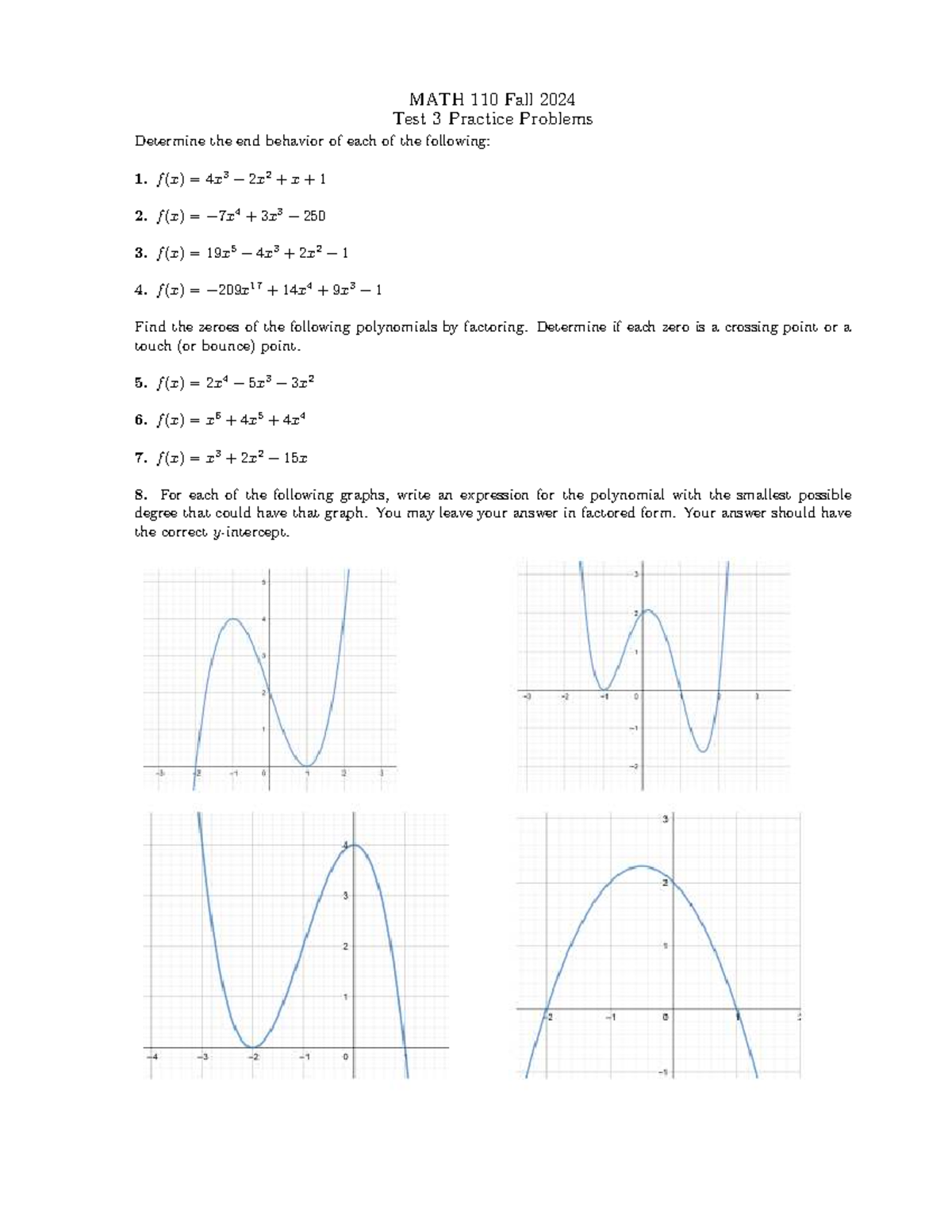 MATH 110 FA24 Test 3 Practice Problems: Polynomials & Logarithms - Studocu