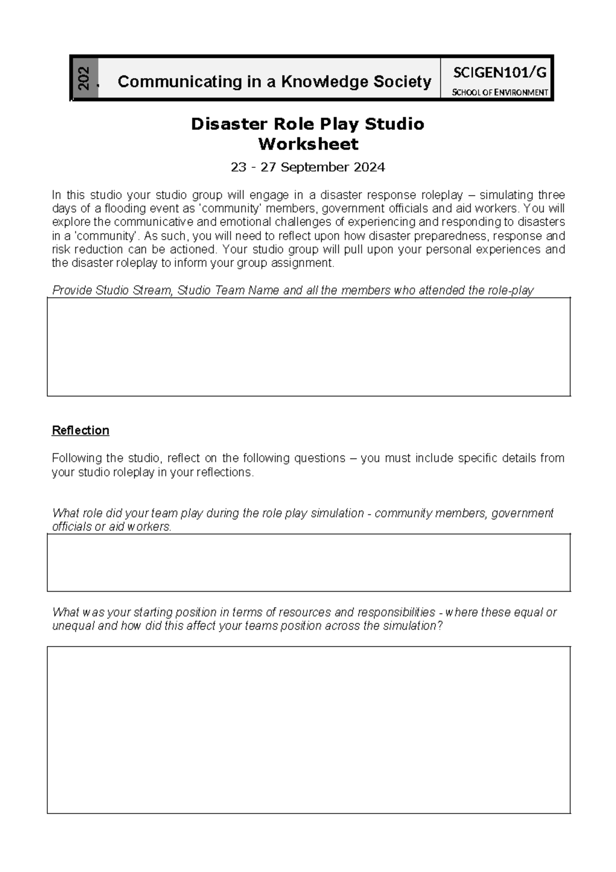 202 4 Disaster Role Play Studio Worksheet - Scigen 101 - Studocu