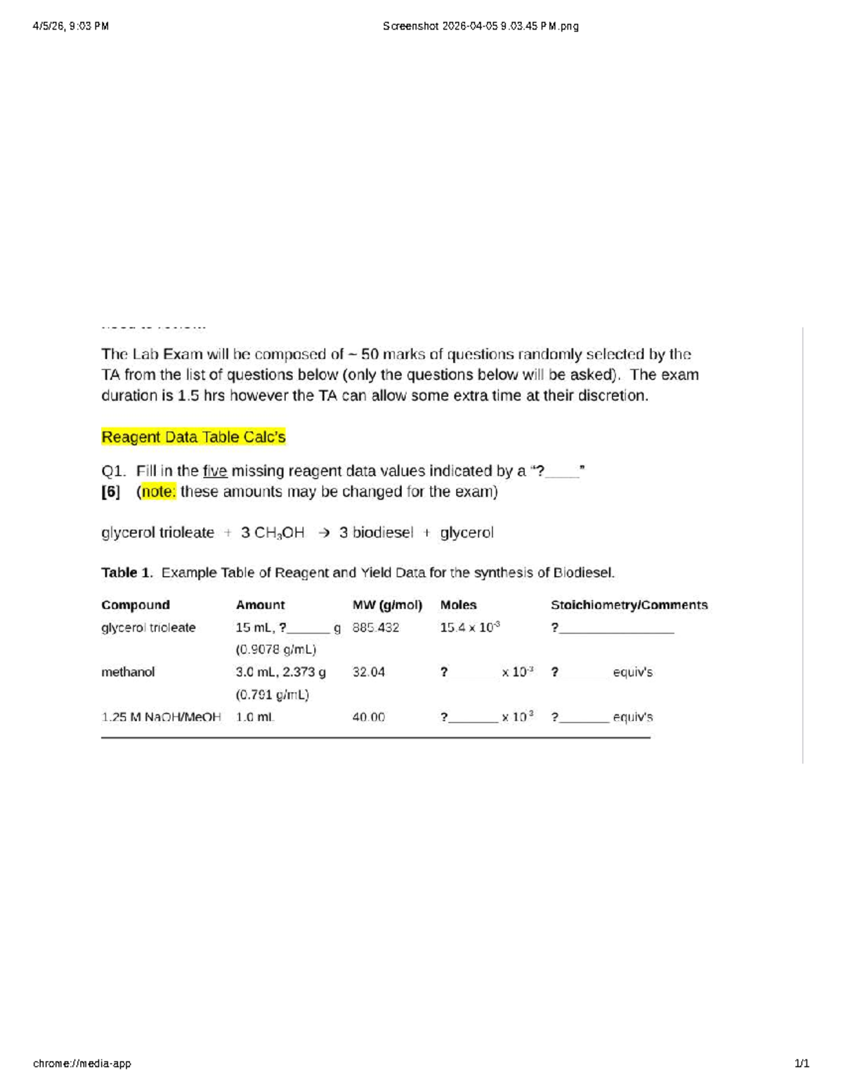 Chemistry Lab Exam Questions - 50 Marks (Lab Exam) - Studocu