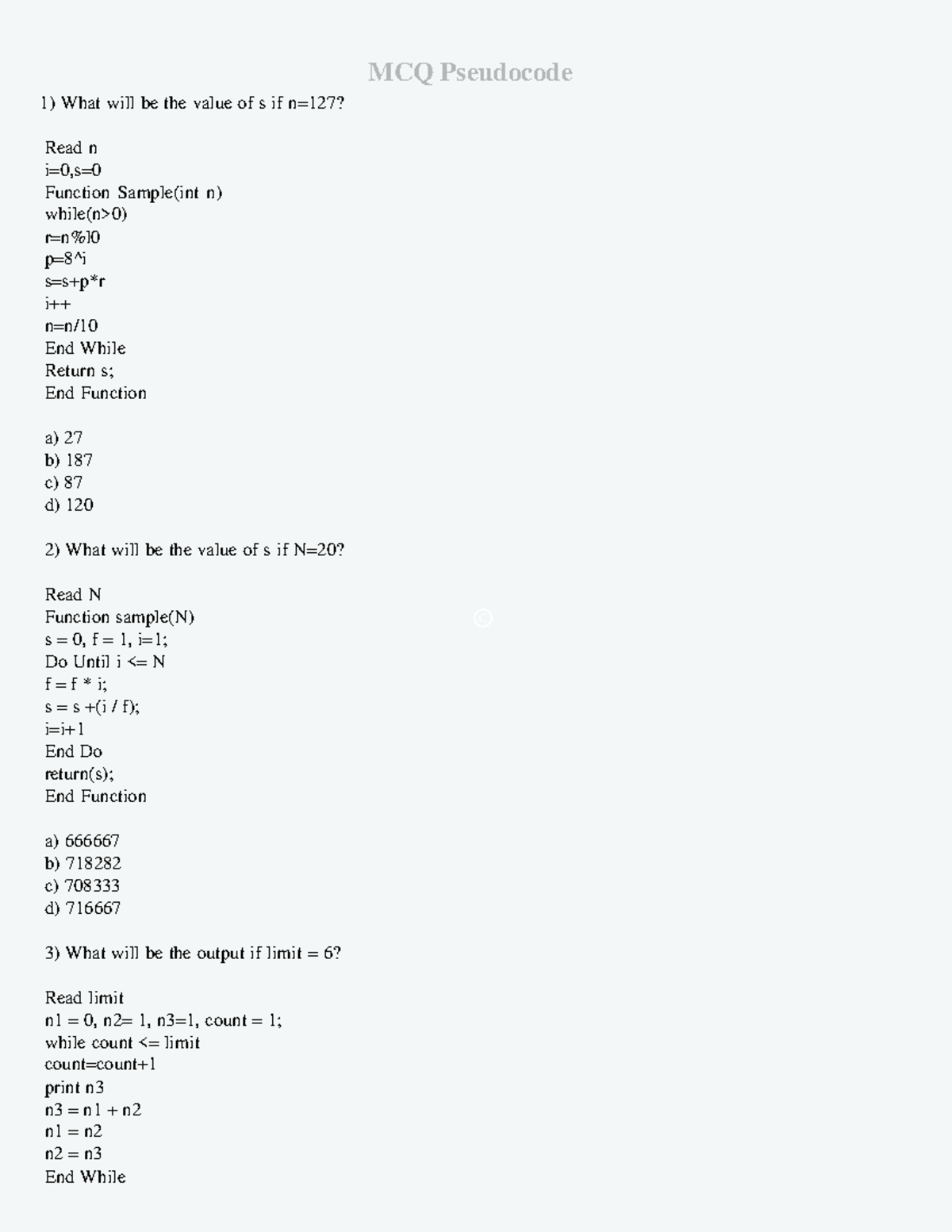 MCQ Pseudocode Review for Programming Concepts and Algorithms - Studocu