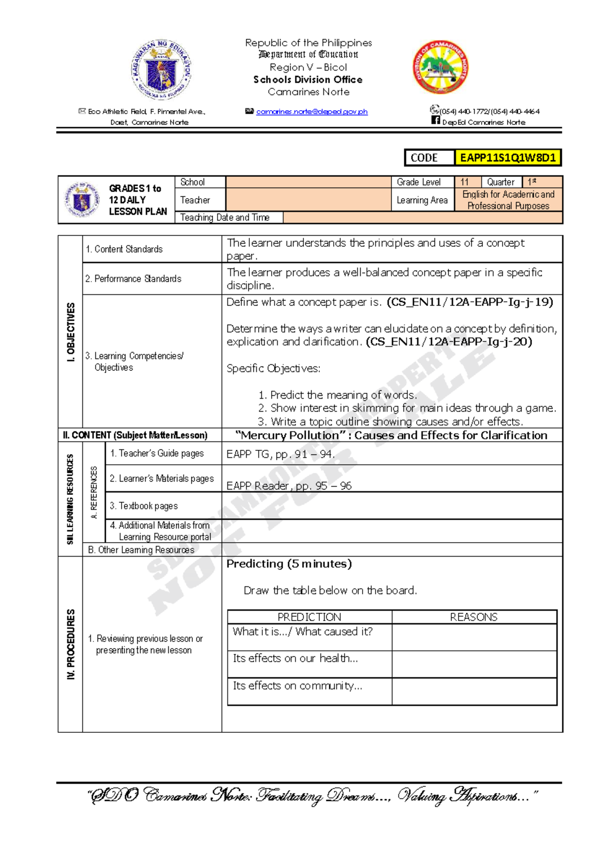 EAPP11S1Q1W8D1 - Daily Lesson Plan on Concept Papers and Cause-Effect ...
