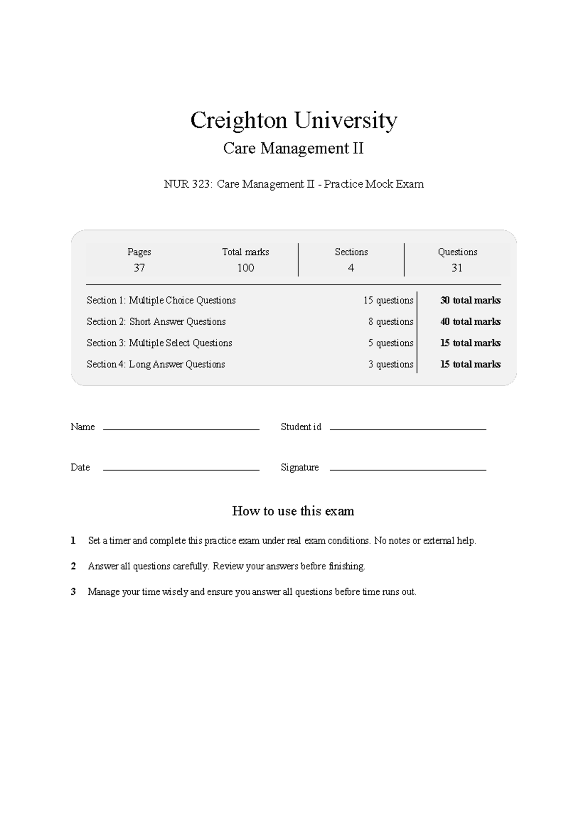 NUR 323 Care Management II Practice Mock Exam Study Notes 2026 - Studocu