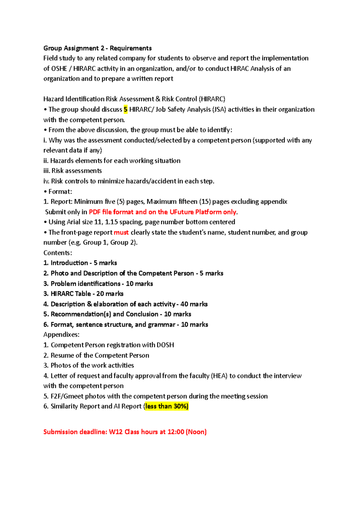 Group Assignment 2: HIRARC Analysis & JSA Report Guidelines - Studocu