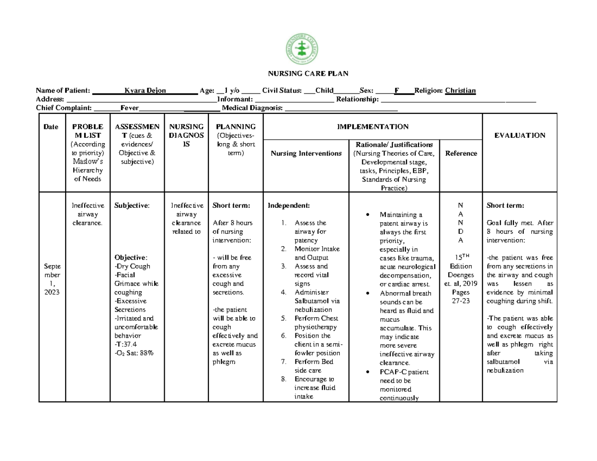 NURS 101: Nursing Care Plan for Patient Dejon - Ineffective Airway ...