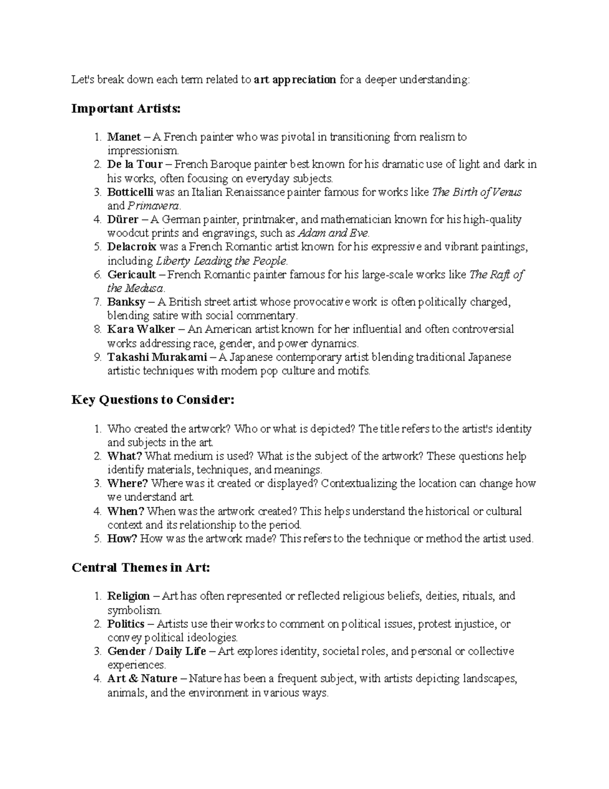 Art Appreciation Lecture Notes (ART 1000): Key Themes, Techniques ...