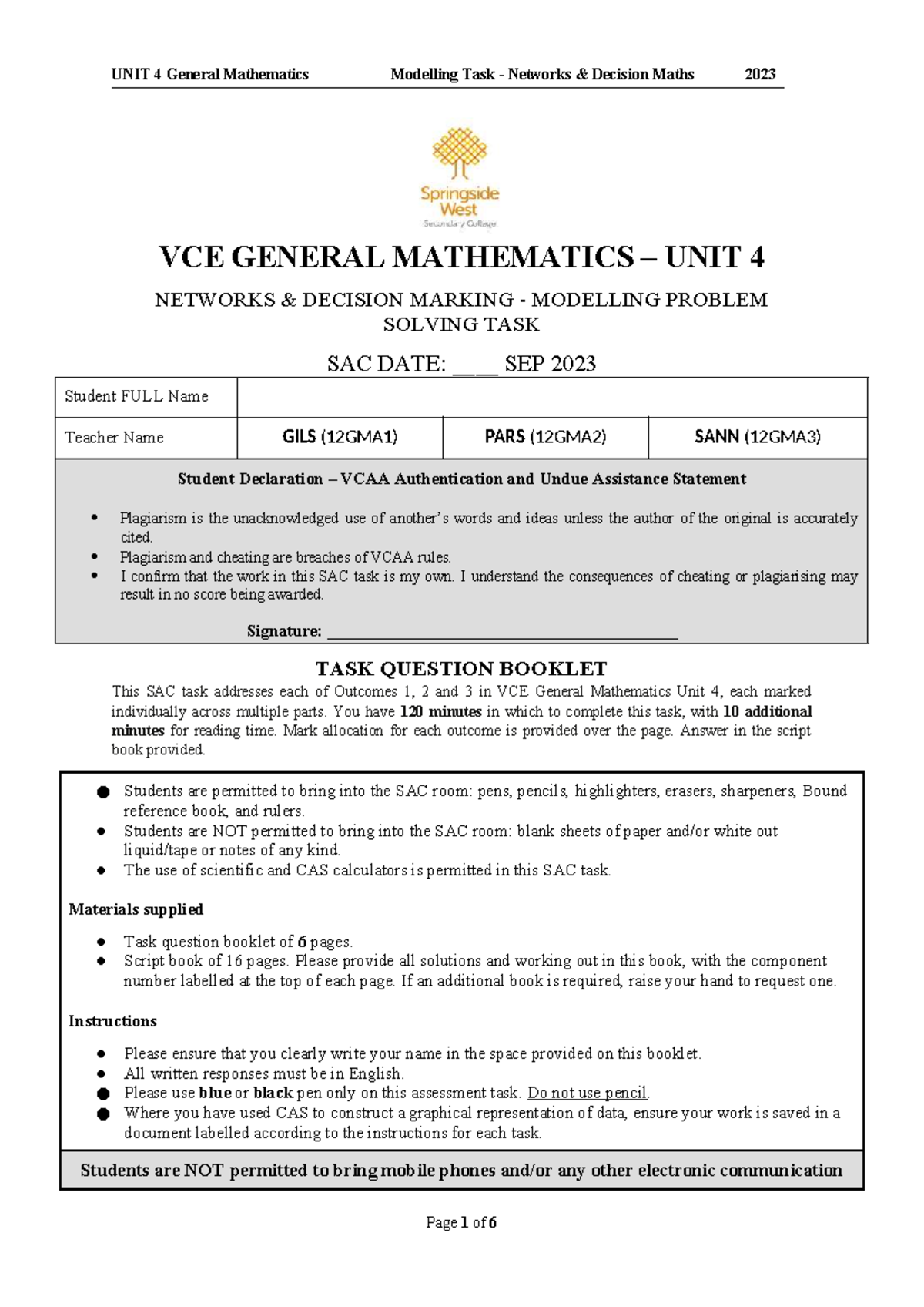 VCE General Mathematics Unit 4 Networks Decision Maths SAC 2023 - Studocu