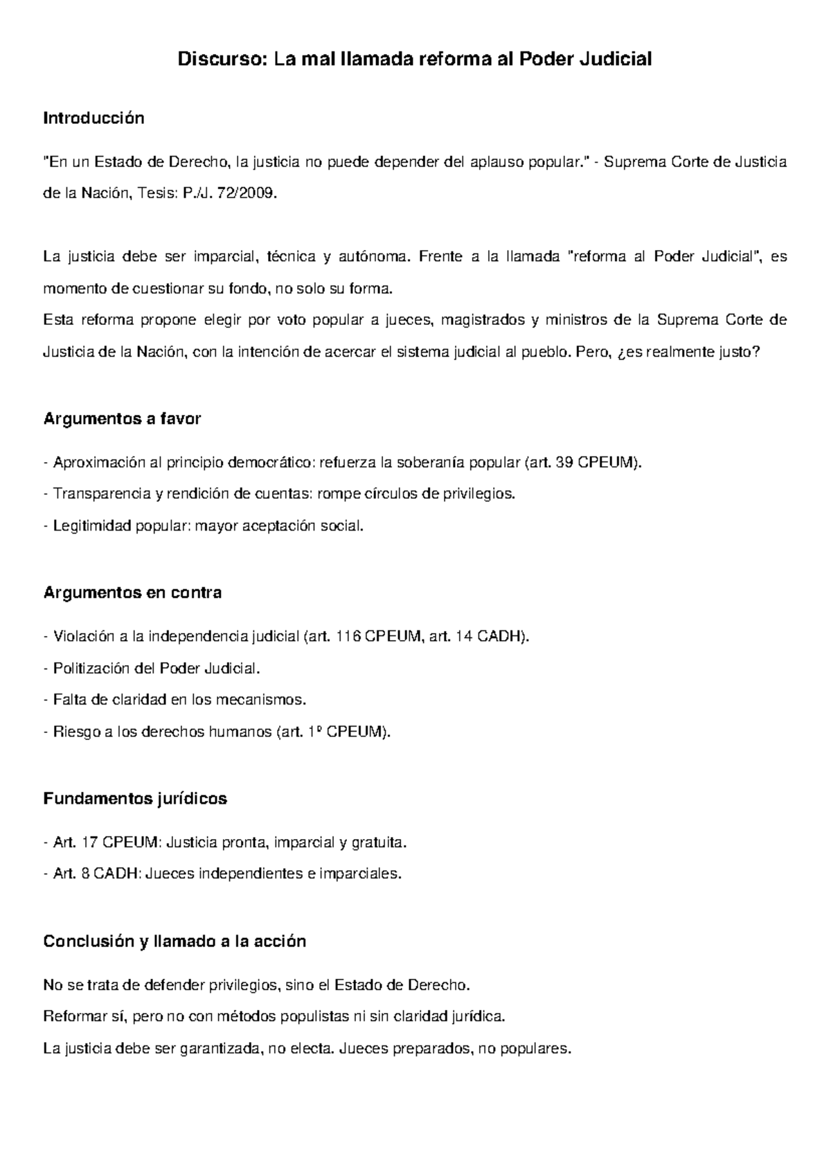 Discurso: Análisis Crítico de la Reforma al Poder Judicial - Studocu