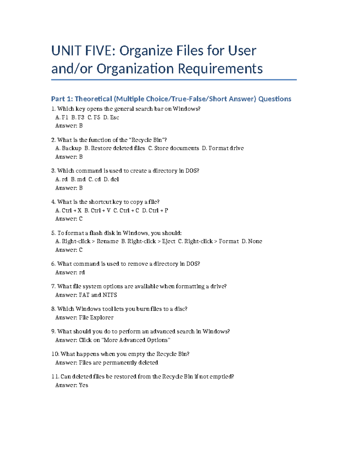 UNIT FIVE: File Organization Requirements - Questions & Lab Tasks - Studocu