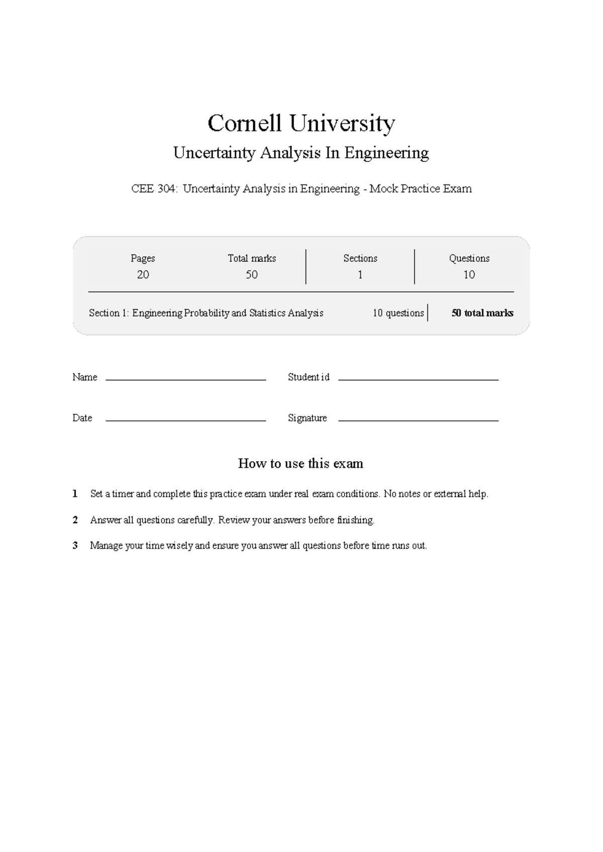 CEE 304: Uncertainty Analysis in Engineering Mock Practice Exam 2026 ...