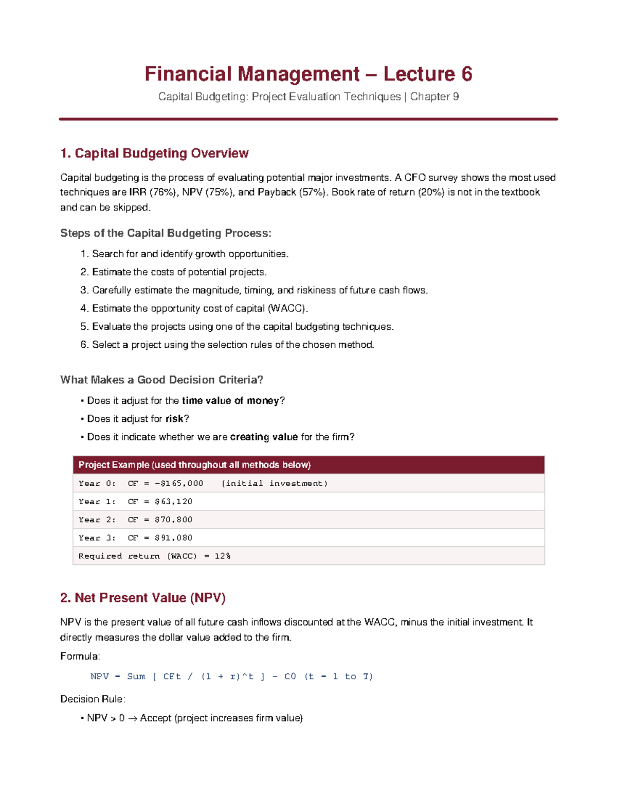 Financial Management Lecture 6: Capital Budgeting Techniques Overview ...