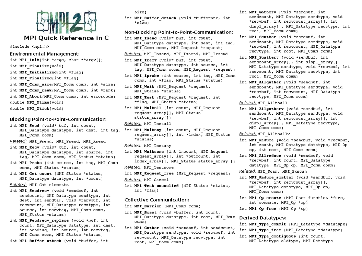 MPI Quick Reference Guide: Essential Functions and Usage - Studocu