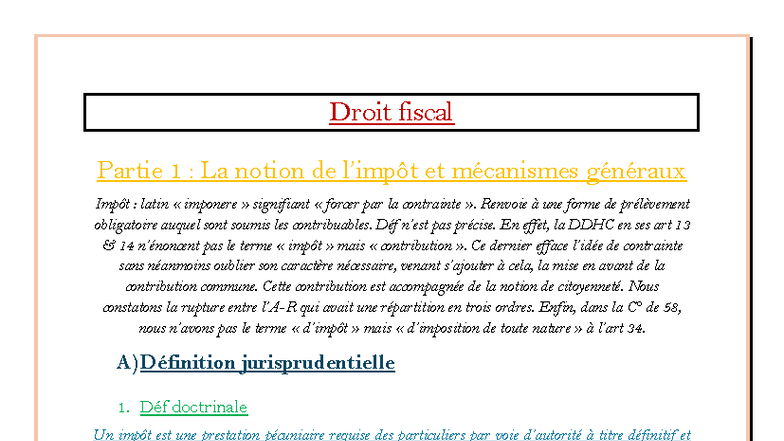 Droit Fiscal - Partie 1 : Notions et Mécanismes Généraux de l'Impôt ...