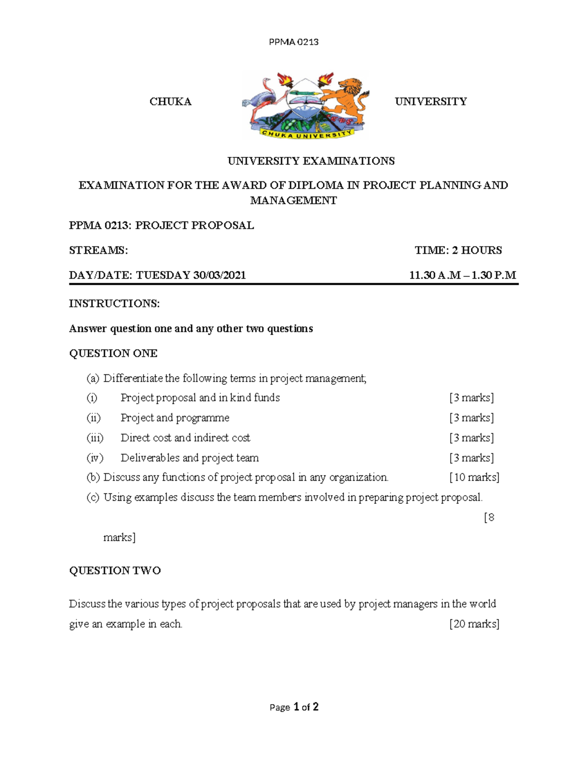 PPMA 0213 - Project Proposal Exam Instructions and Questions - Studocu