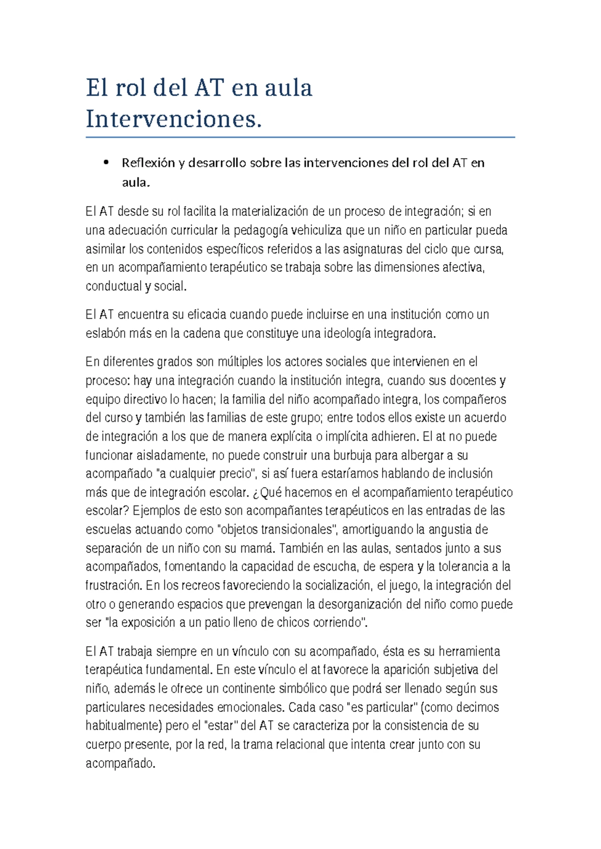El rol del A.T en discapacidad: Inclusión y Autovalidación 1 y 2 - Studocu