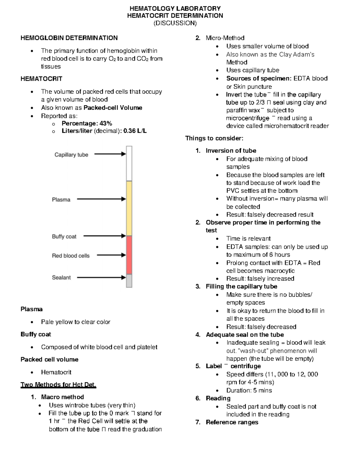 HEM 101 Lecture: Hemoglobin and Hematocrit Determination Notes - Studocu
