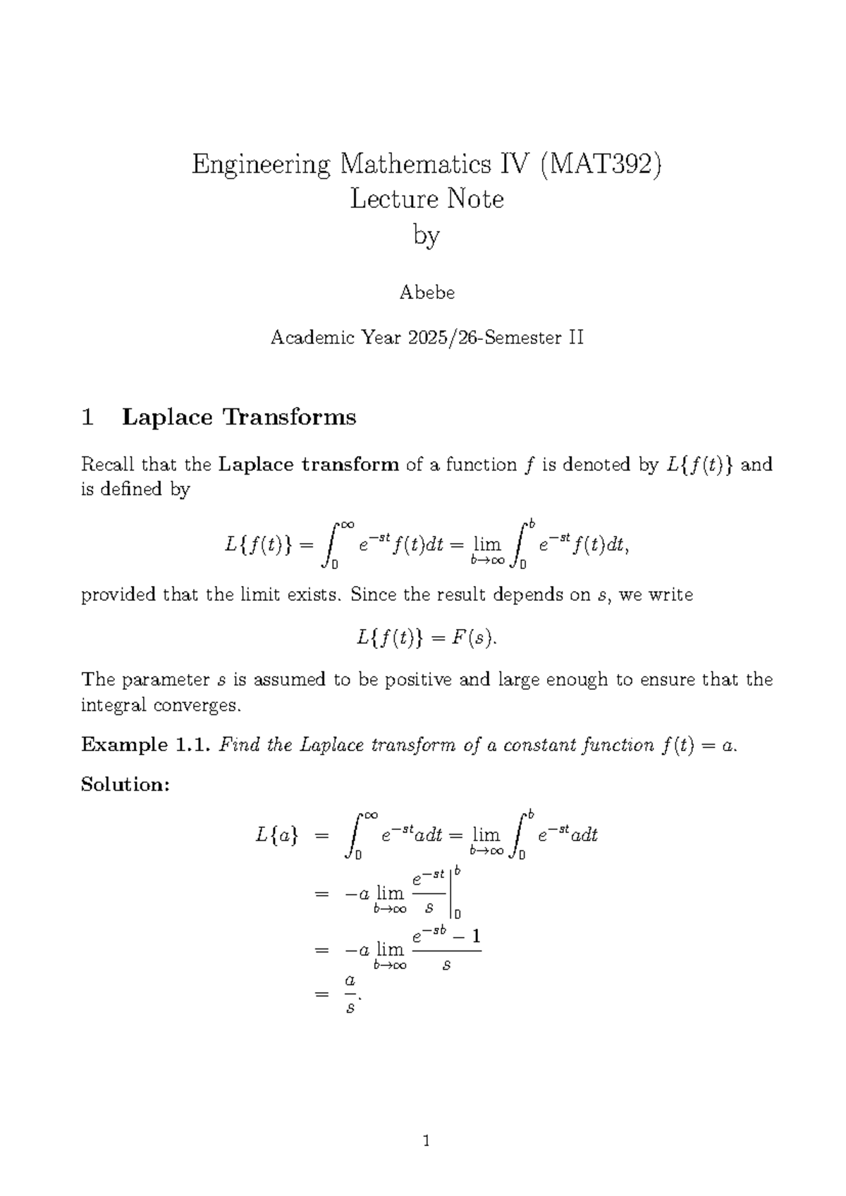 MAT392 Engineering Mathematics IV Lecture Notes on Laplace Transforms ...