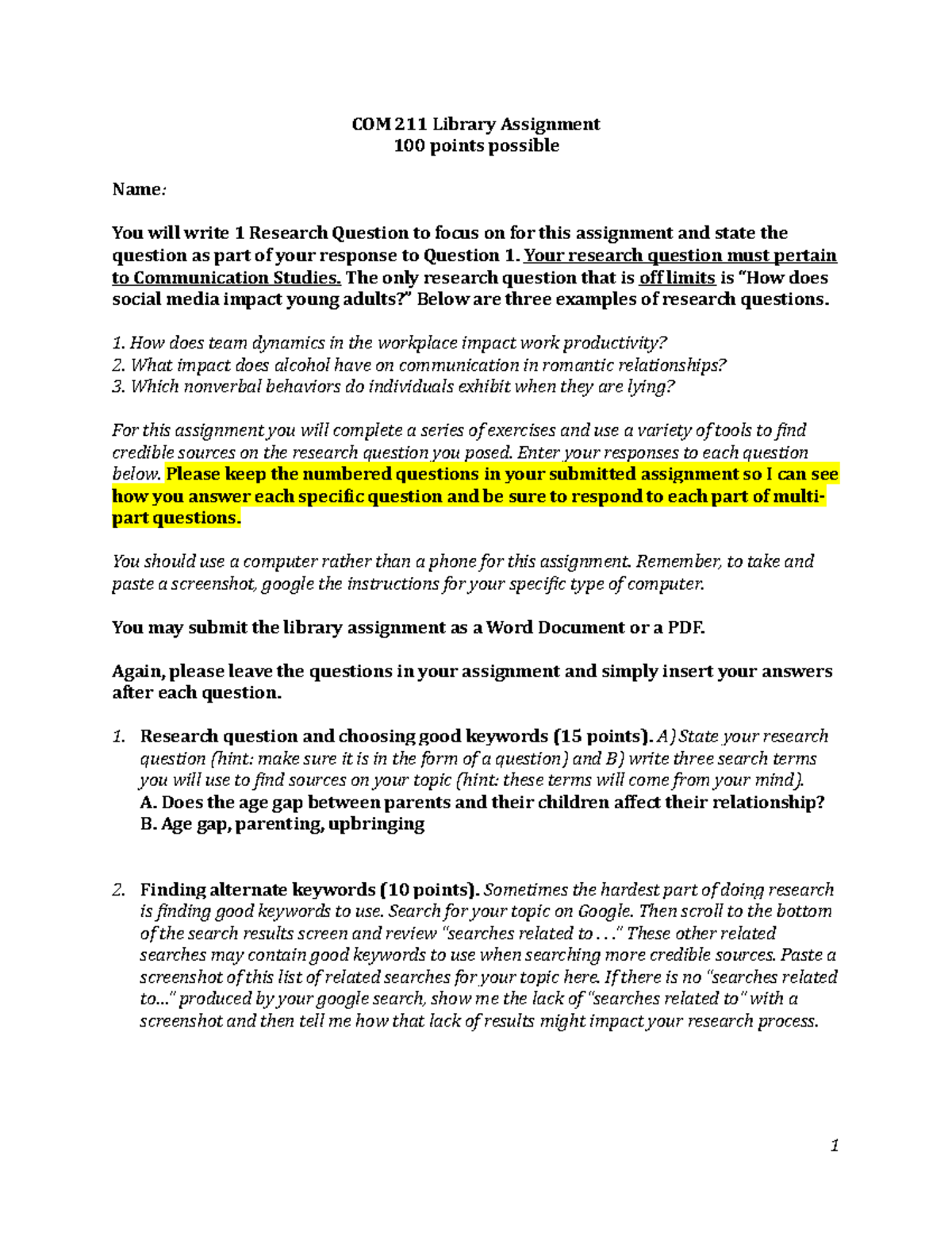 COM 211 Library Assignment: Research Question Guidelines (100 pts ...