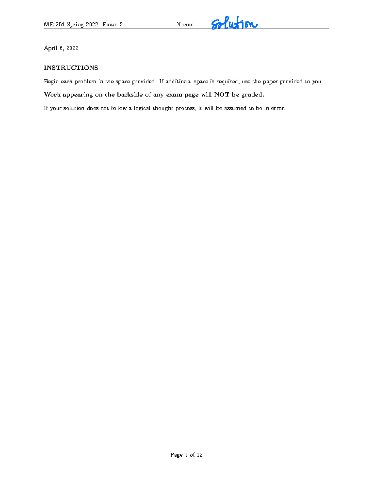 220404 ME354 Exam 2 Solutions with Problem Breakdown - Studocu