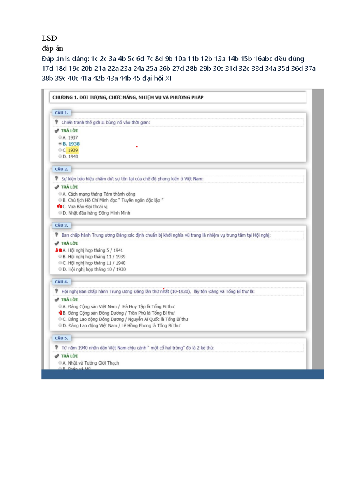 ĐỀ CK - tai lieu - Lịch sử đảng - LSĐ đáp án Đáp án ls đảng: 1c 2c 3a ...