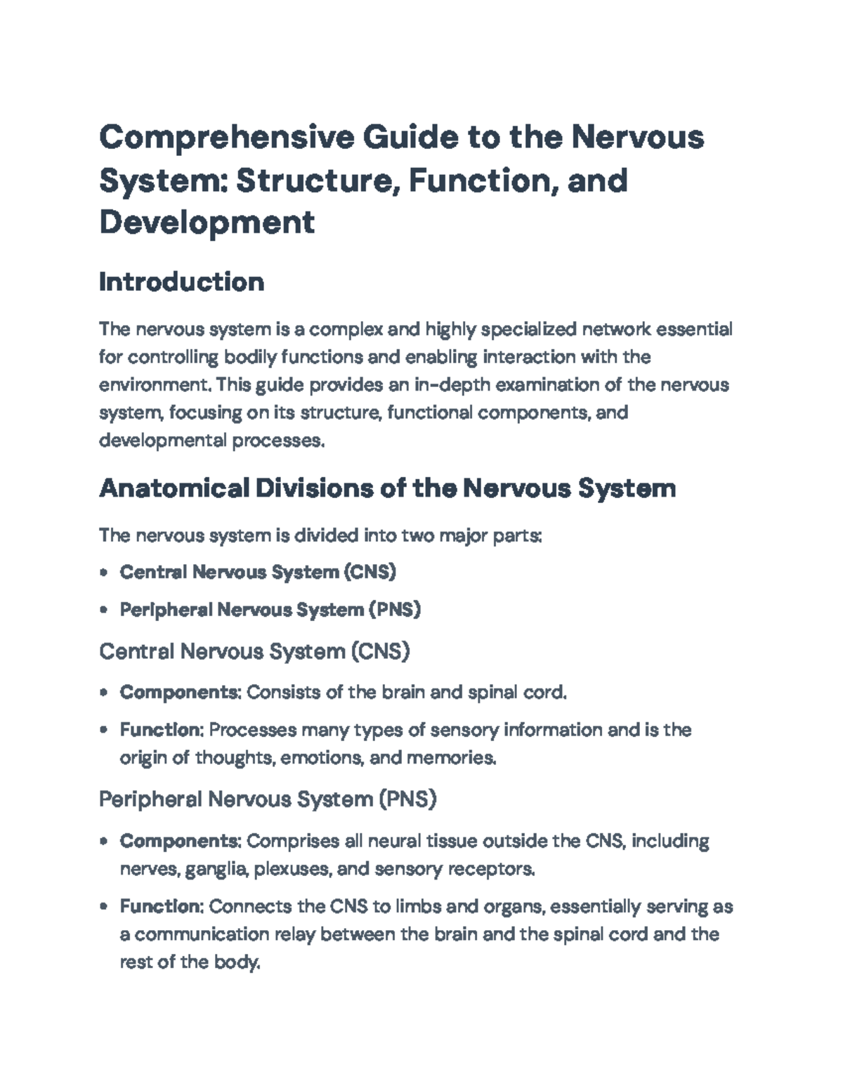 Nervous System Overview: Structure, Function & Development Guide - Studocu