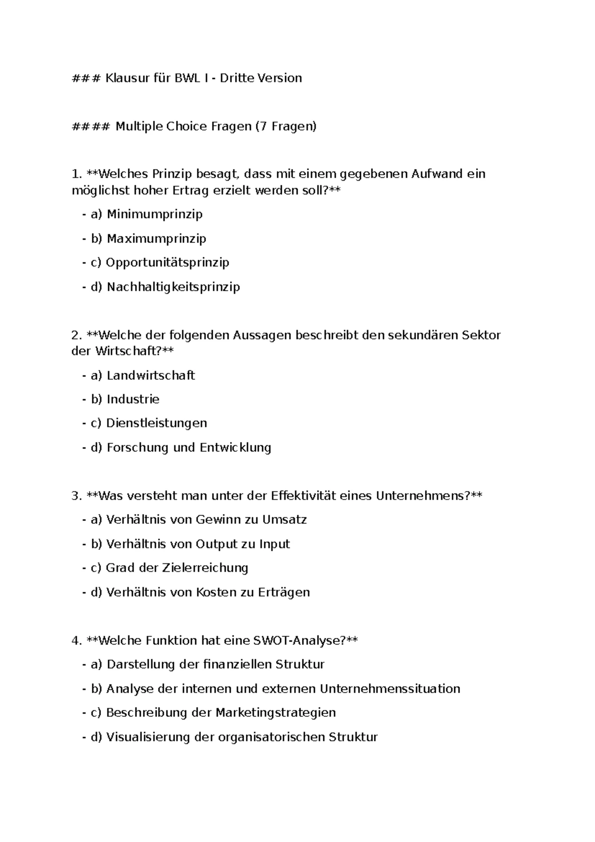 BWL I Klausur 1: Multiple Choice Fragen und Antworten - Studocu