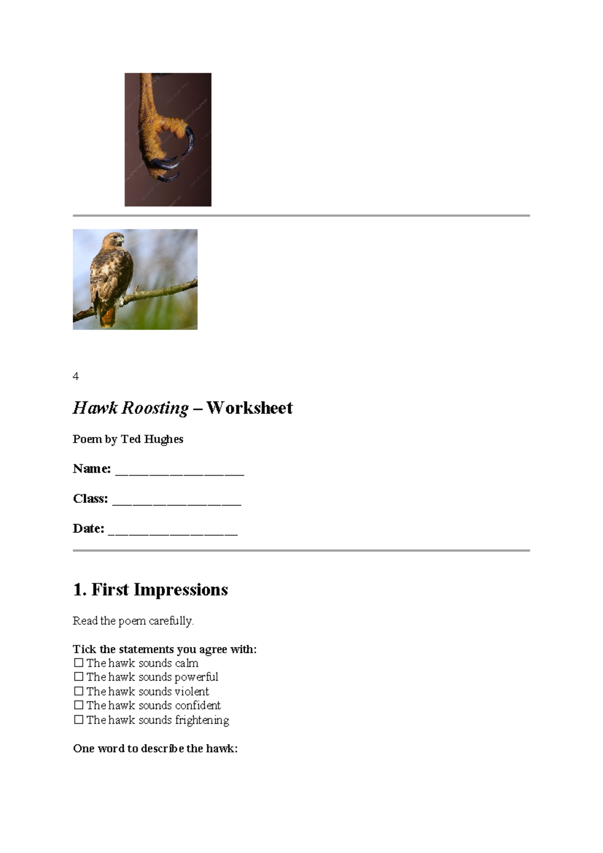 Hawk Roosting Poem Analysis Worksheet - Questions & Insights - Studocu