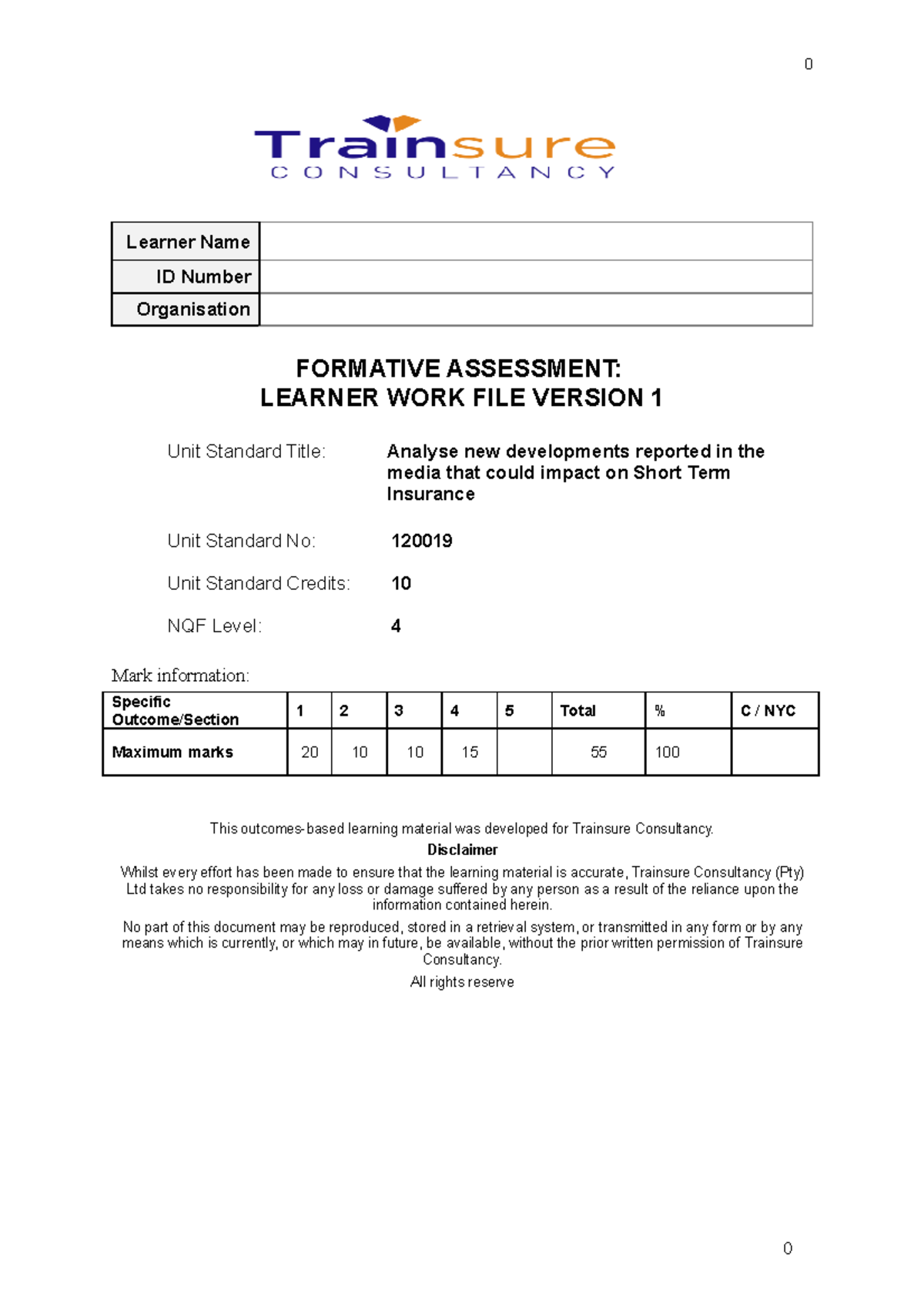 120019 Formative Assessment: Learner Work File V1 on Short Term Ins ...